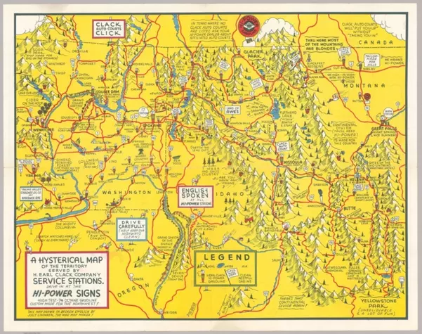 A Hysterical Map of the Territory Served by H. Earl Clack Company Service Stations / A Hysterical Road Map (Somewhat Cockeyed) Showing Most of the Points You Will Be Able To Obtain Hi-Power Service in Montana & North Dakota. Look For The Clack Orange Pump