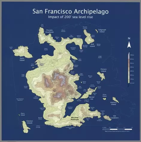 San Francisco Archipelago, showing the 200 foot sea level rise;Sloat, Brian; Burrito Justice;2012;8308.000